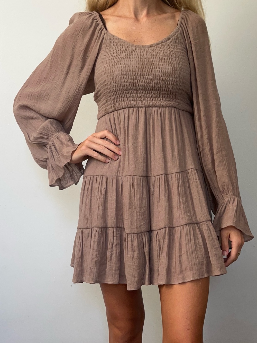 Smocked Bodice Puff Sleeve Mini Dress in Taupe